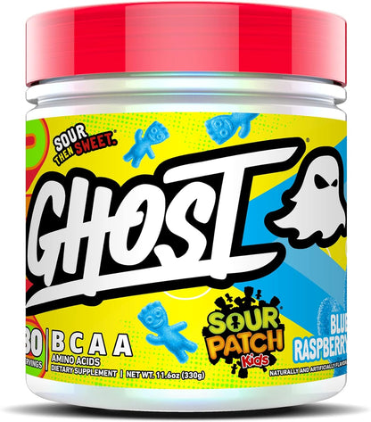 GHOST BCAA Powder Amino Acids Supplement, Sour Patch Kids Blue Raspberry - 30 Servings - Sugar-Free Intra, Post & Pre Workout Amino Powder & Recovery Drink, 7G BCAA