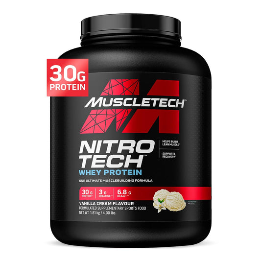 MuscleTech Performance Series Nitro Tech|30g Protein & 2g Sugar |With Creatine Monohydrate, BCAA & Glutamine & Precursors |For Lean Muscle Gain |4 lbs (1.81 Kg) |Vanilla