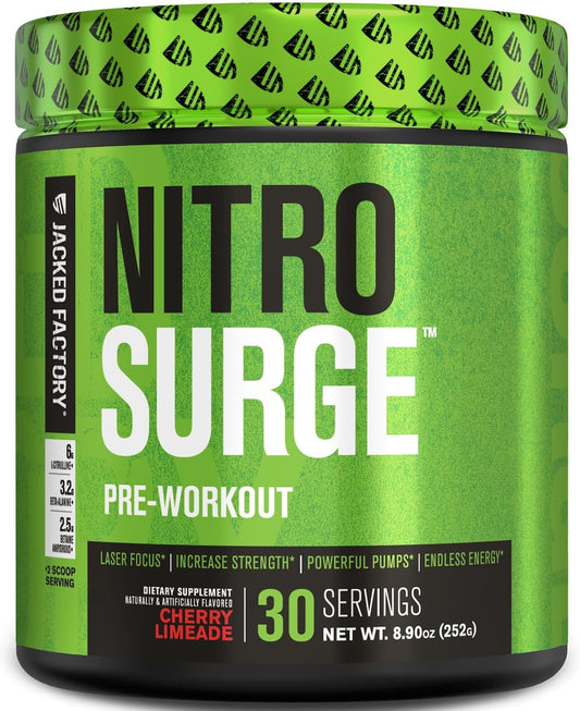 Jacked Factory NITROSURGE Pre Workout - Endless Energy, Instant Strength Gains, Clear Focus, Intense Pumps - NO Booster & Preworkout Powder with Beta Alanine - 30 Servings