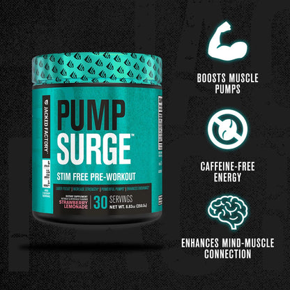 JACKED FACTORY  Pumpsurge Caffeine Free Pre Workout for Men & Women - Nootropic Booster & Stim Free Pre Workout - Intense Pumps, Enhanced Focus I 30 Servings