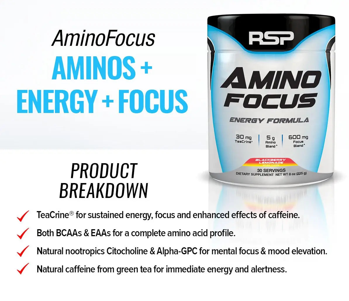 RSP AMINO FOCUS 30SERVINGS 225G - Muscle & Strength India - India's Leading Genuine Supplement Retailer 