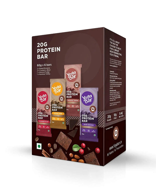 Yogabar Protein Variety Box - 360gm (Chocolate Brownie, Cranberry, Almond Fudge, Hazlenut, Pack of 6, 60gm x 6 Bars ) - Muscle & Strength India - India's Leading Genuine Supplement Retailer 